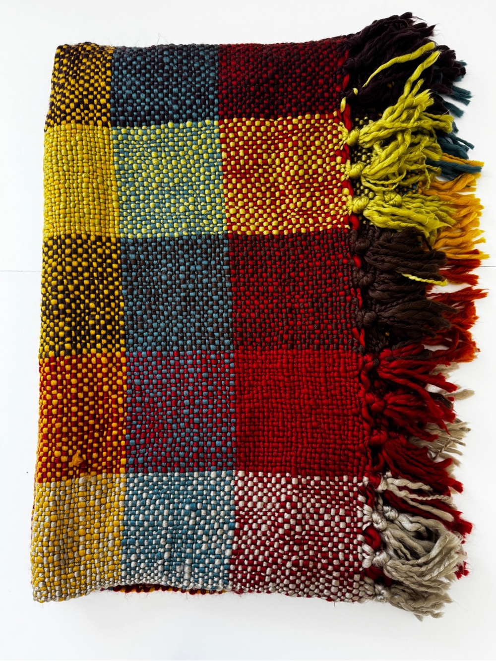 Pier 1 Imports Multicolor Chenille Throw Blanket Square Print Fringe Trim 50x60